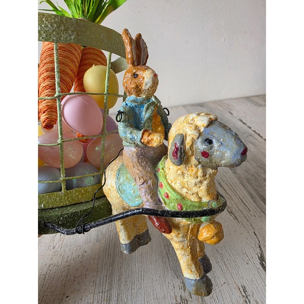 Vintage Easter Bunny cart jointed glitter crackle statue figurine rabbit
